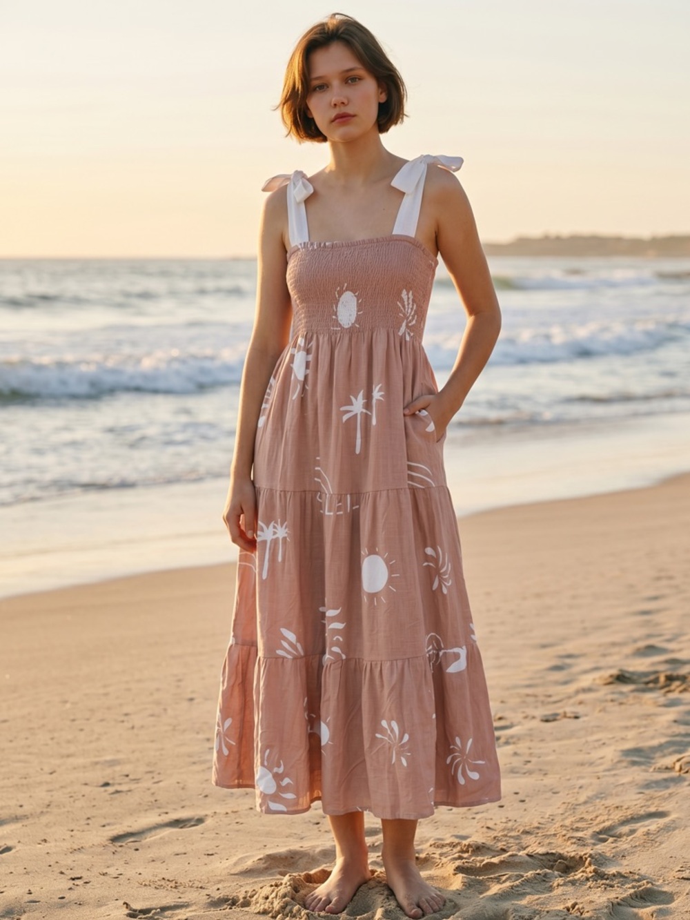 Petal & Pup Mauve Pink Printed Midi Sundress with White Ties